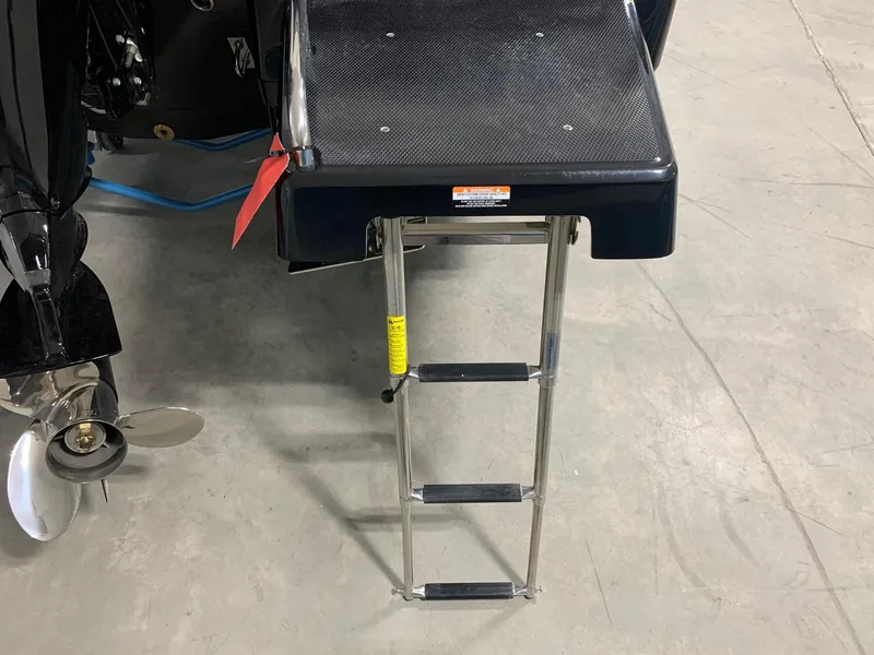 Slide: The Image of 2024 Robalo 246 Cayman boat with a foldable swim ladder. - 23