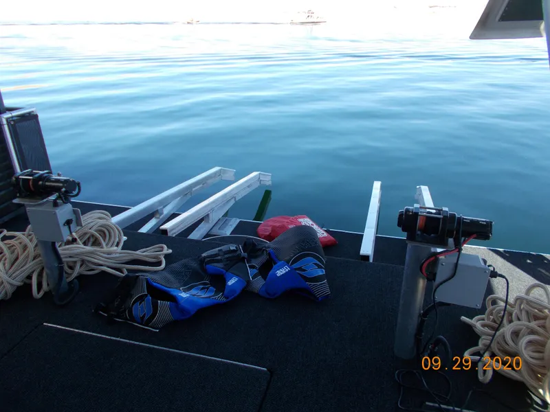 Slide: The Image of Sumerset Antelope Escape Share #4 houseboat deck with ropes and life jackets, 2020. - 20