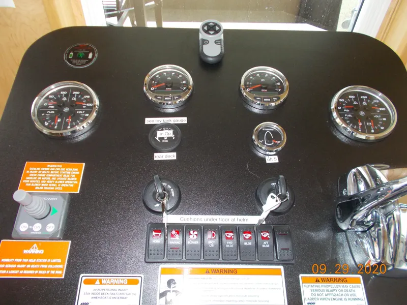 Slide: The Image of Control panel of 2020 Sumerset Antelope Escape Share #4 with gauges and switches. - 34