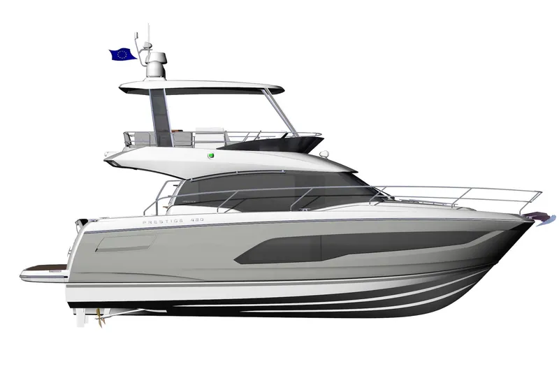 Slide: The Image of 2024 Prestige 420 yacht side view, modern design, luxury boat. - 31