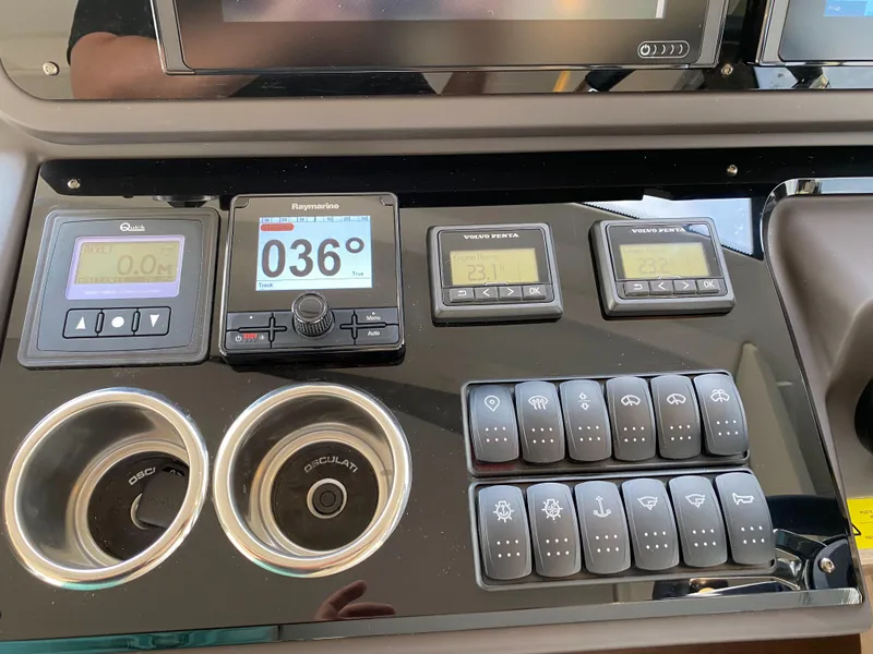 Slide: The Image of Control panel of a 2025 Prestige 520 S yacht with navigation instruments. - 19