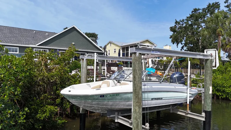 The Image of 2018 Stingray 191 boat on lift near waterfront homes, surrounded by lush greenery. - 0