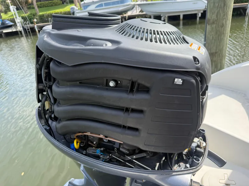 Slide: The Image of Outboard motor of a 2018 Stingray 191 boat, docked by the water. - 7