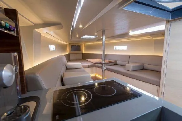Slide: The Image of Luxurious interior of 2026 Saffier Se 37 Lounge yacht with modern kitchen and seating area. - 8