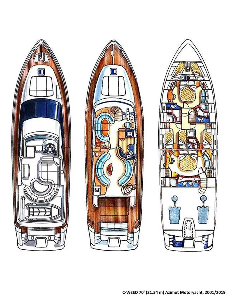 Slide: The Image of Floor plan of a 2001 Azimut Sea Jet yacht, showcasing three detailed levels. - 16