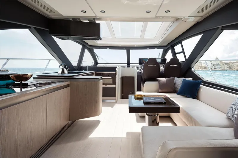 Slide: The Image of Luxurious interior of 2023 Azimut S6 Sportfly yacht with modern furnishings and panoramic windows. - 11