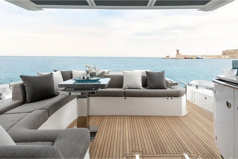 Slide: The Image of Luxurious deck of 2023 Azimut S6 Sportfly yacht with ocean view and comfortable seating. - 6