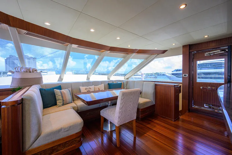 Slide: The Image of Luxurious interior of 2013 Ocean Alexander Sky Lounge yacht with elegant seating and panoramic windows. - 35