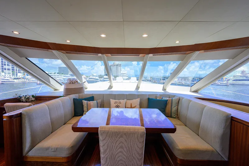 Slide: The Image of Luxurious interior of 2013 Ocean Alexander Sky Lounge yacht with panoramic windows and plush seating. - 38