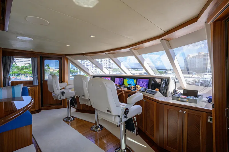 Slide: The Image of Luxurious 2013 Ocean Alexander Sky Lounge yacht interior with helm and panoramic windows. - 80