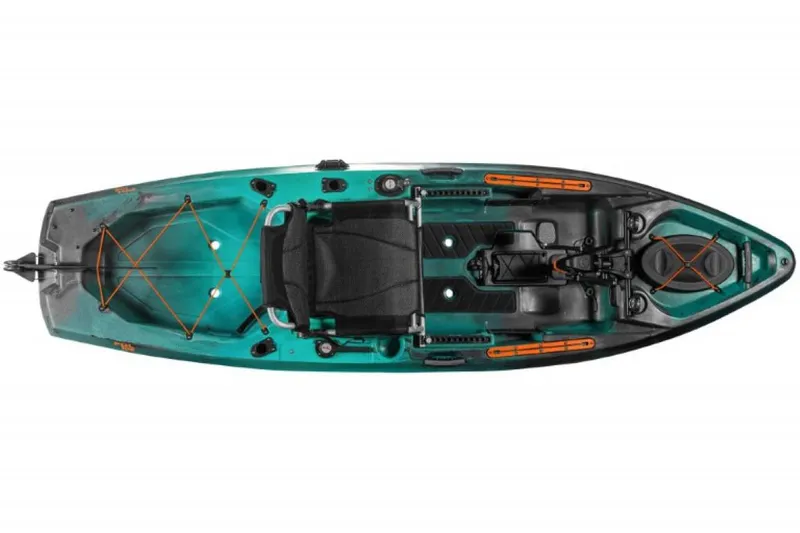 Slide: The Image of 2023 Old Town Sportsman PDL 106 kayak, top view, teal and black, pedal drive system. - 3