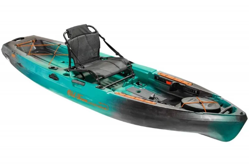 Slide: The Image of 2023 Old Town Sportsman 106 kayak, teal and black, with adjustable seat and storage compartments. - 1