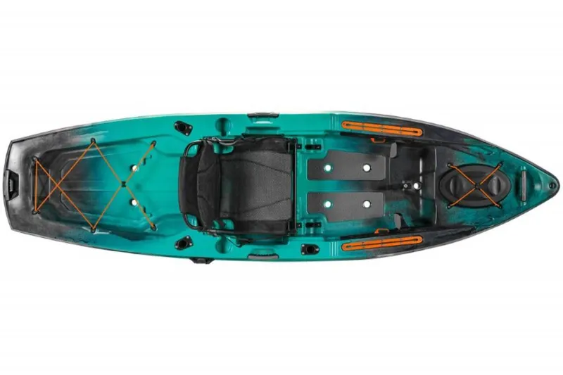 Slide: The Image of Top view of 2023 Old Town Sportsman 106 kayak in teal and black. - 4