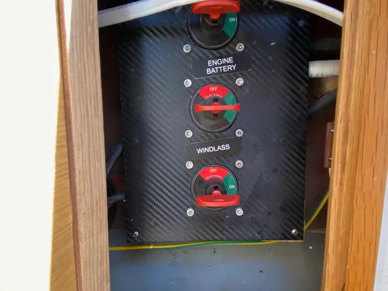 Slide: The Image of Battery switches on a 2018 Custom Emerald Bay 36 boat. - 29