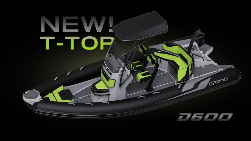 Slide: The Image of 2024 Grand D600 boat with new T-Top feature, sleek design, and modern aesthetics. - 15
