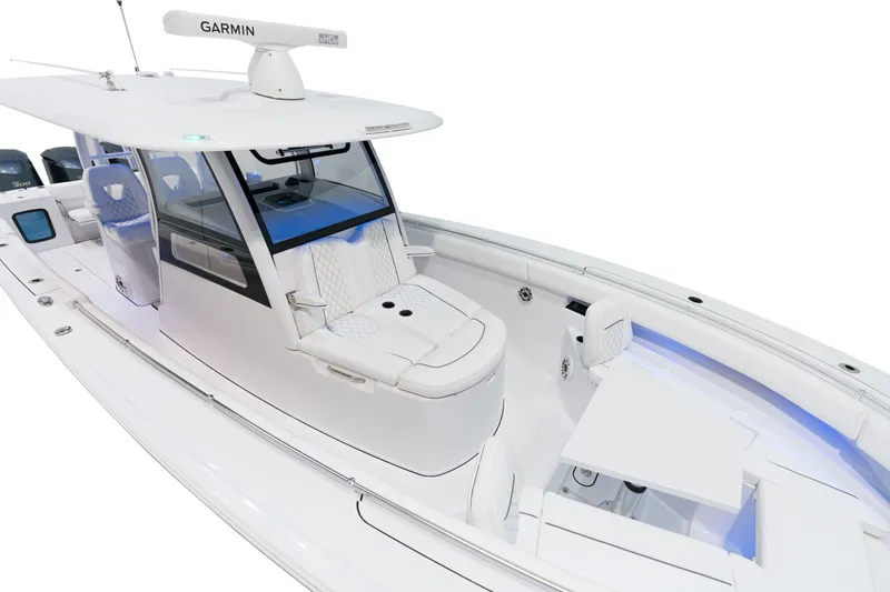 Slide: The Image of 2025 Sportsman Open 352 Center Console boat with Garmin radar and luxurious seating. - 2