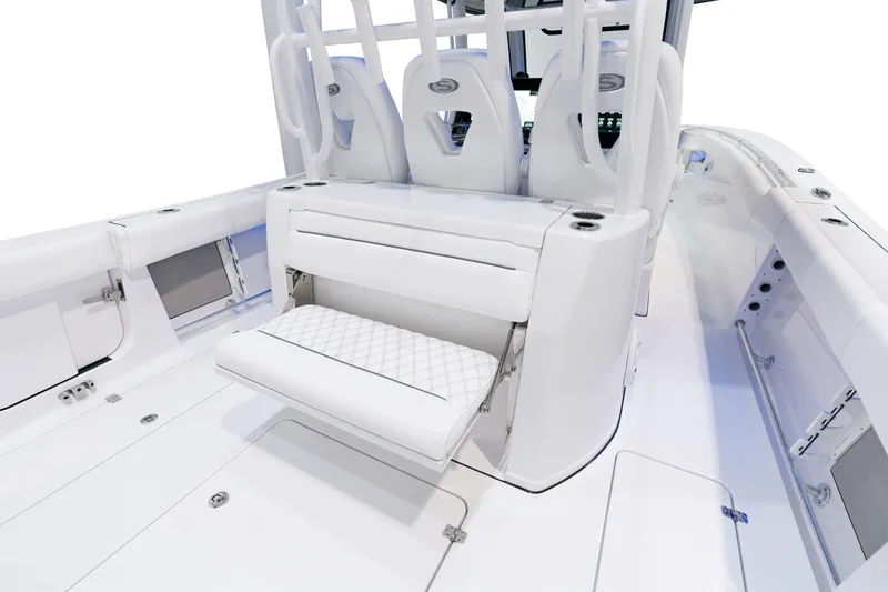 Slide: The Image of 2025 Sportsman Open 352 Center Console boat interior with fold-out seating. - 21