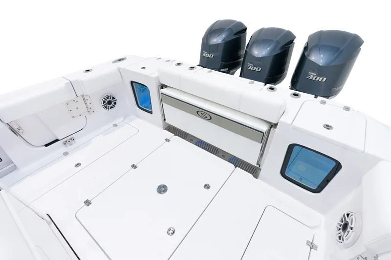 Slide: The Image of 2025 Sportsman Open 352 Center Console boat with triple 300 HP engines. - 25