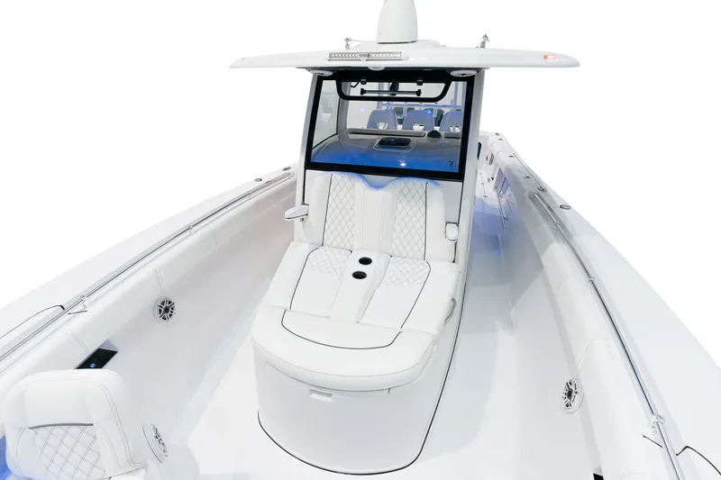 Slide: The Image of 2025 Sportsman Open 352 Center Console boat interior with white seating. - 6