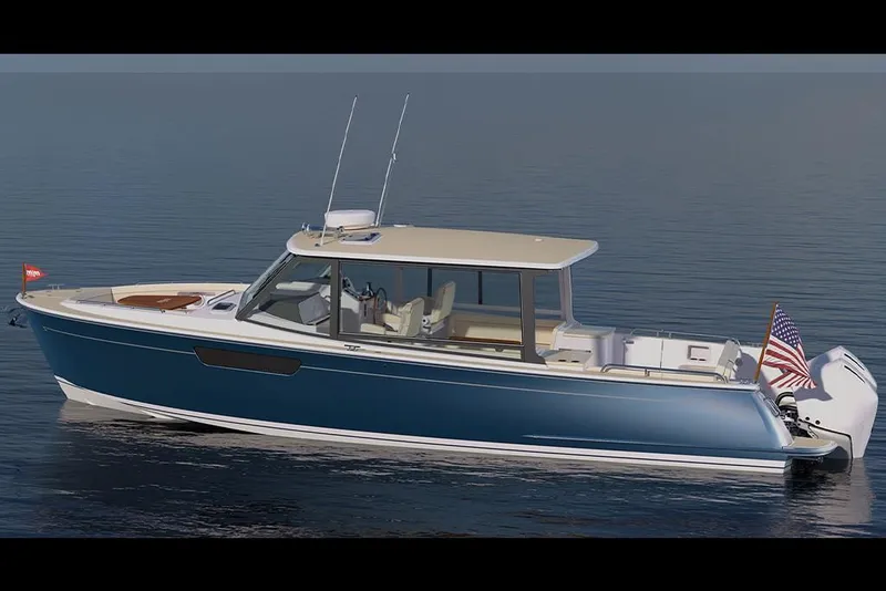 Slide: The Image of 2023 MJM 3 model boat on calm water. - 4