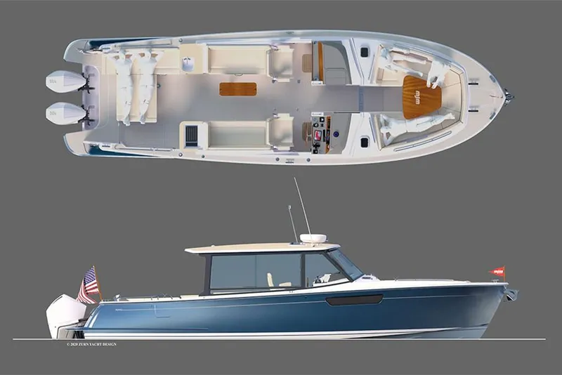 Slide: The Image of 2023 MJM 3 boat, top and side view, blue hull, dual outboard engines. - 8
