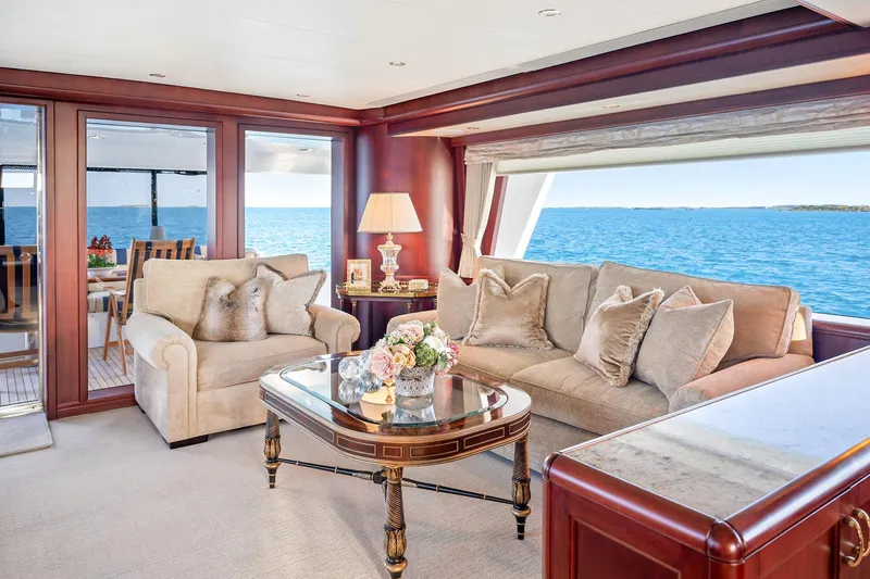 Slide: The Image of Luxurious 2002 NorthCoast Pilothouse Motoryacht interior with elegant seating and ocean view. - 23