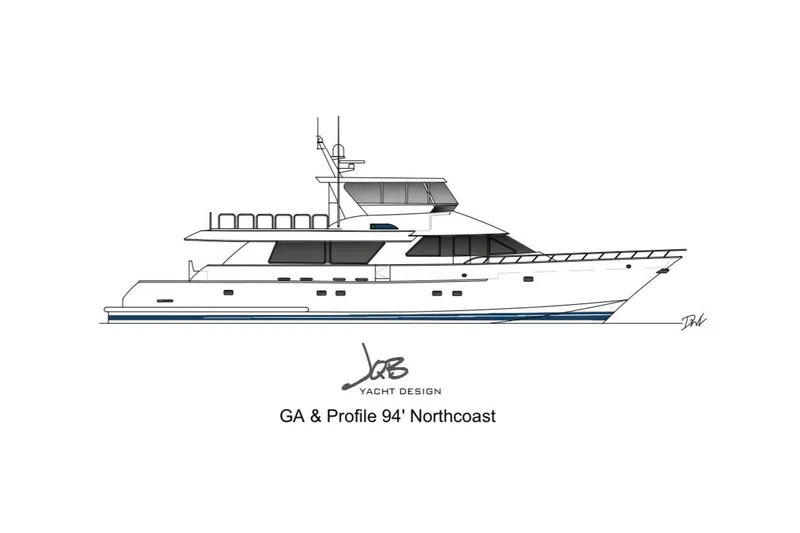 Slide: The Image of Drawing of a 2002 NorthCoast 94' yacht design profile, showcasing sleek lines and modern features. - 48