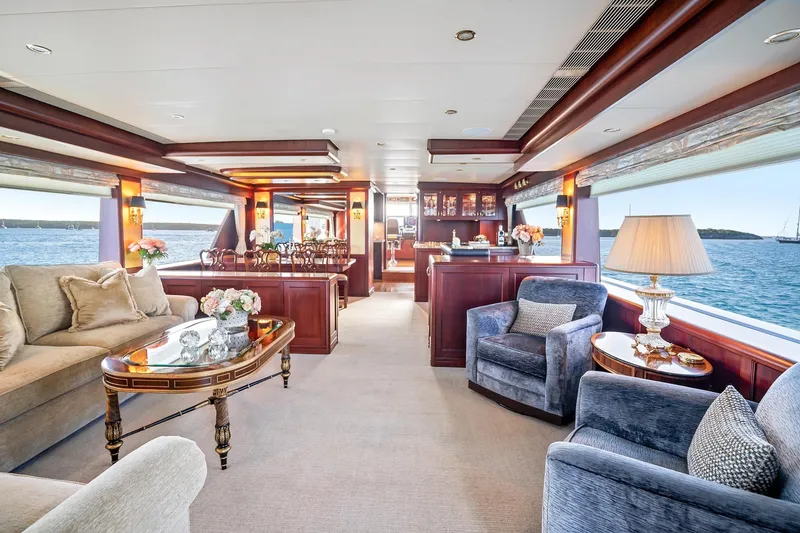 Slide: The Image of Luxurious interior of 2002 NorthCoast Pilothouse Motoryacht with elegant furnishings and ocean view. - 22