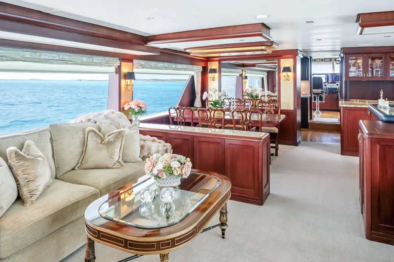 Slide: The Image of Luxurious 2002 NorthCoast Pilothouse Motoryacht interior with elegant wood finishes and ocean view. - 20