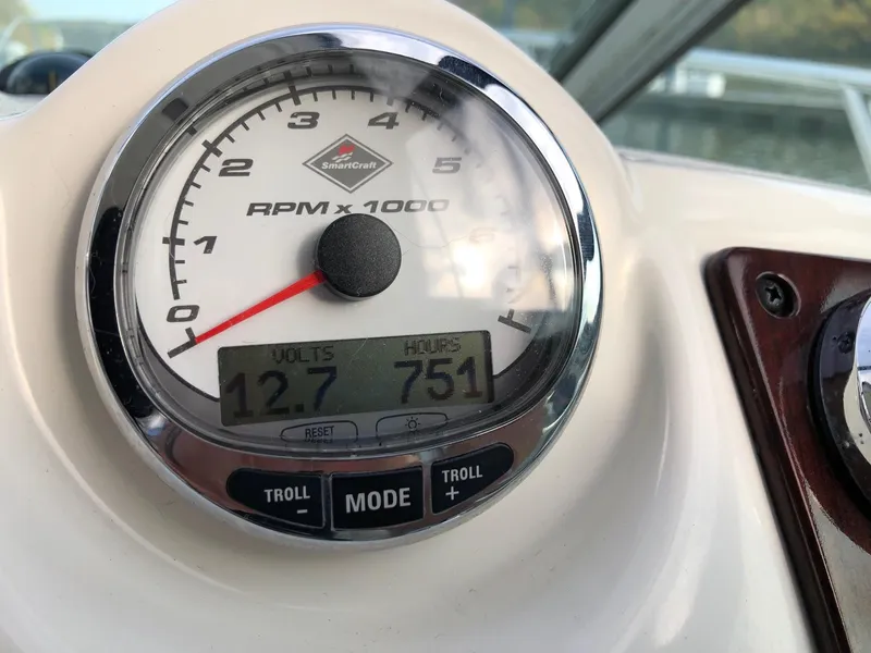 Slide: The Image of Close-up of 2009 Maxum 3100 SE boat tachometer showing 12.7 volts and 751 hours. - 9