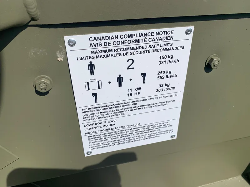 Slide: The Image of Canadian compliance notice on 2024 Lowe L1436 boat, detailing maximum recommended safe limits. - 5