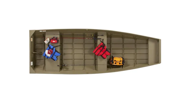 Slide: The Image of 2024 Lowe L1436 boat interior with life jackets and gear, top view. - 6