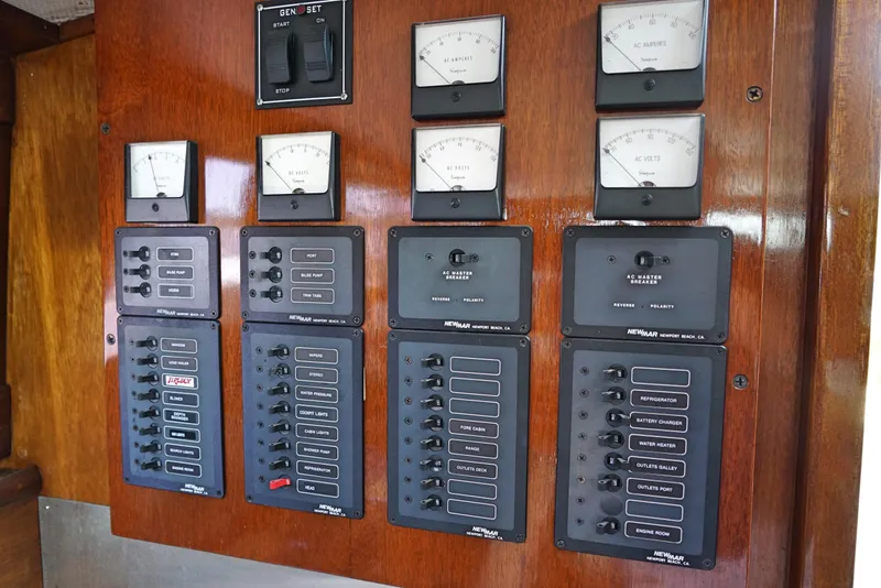 Slide: The Image of 1962 Chris-Craft Roamer 36 electrical control panel with gauges and switches. - 13