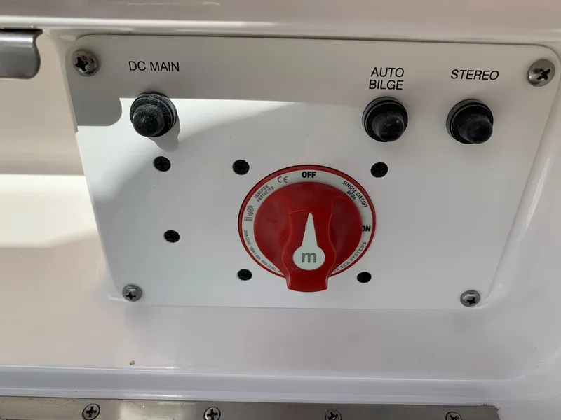 Slide: The Image of 2024 Robalo R202 Explorer control panel with DC main, auto bilge, and stereo switches. - 22
