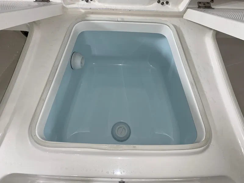 Slide: The Image of 2024 Robalo 226 Cayman livewell compartment with open lid. - 27