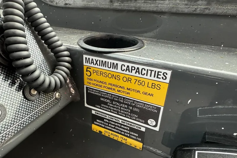 Slide: The Image of 2019 Fish Rite Stalker boat capacity label, 5 persons or 750 lbs, 150 horsepower. - 46