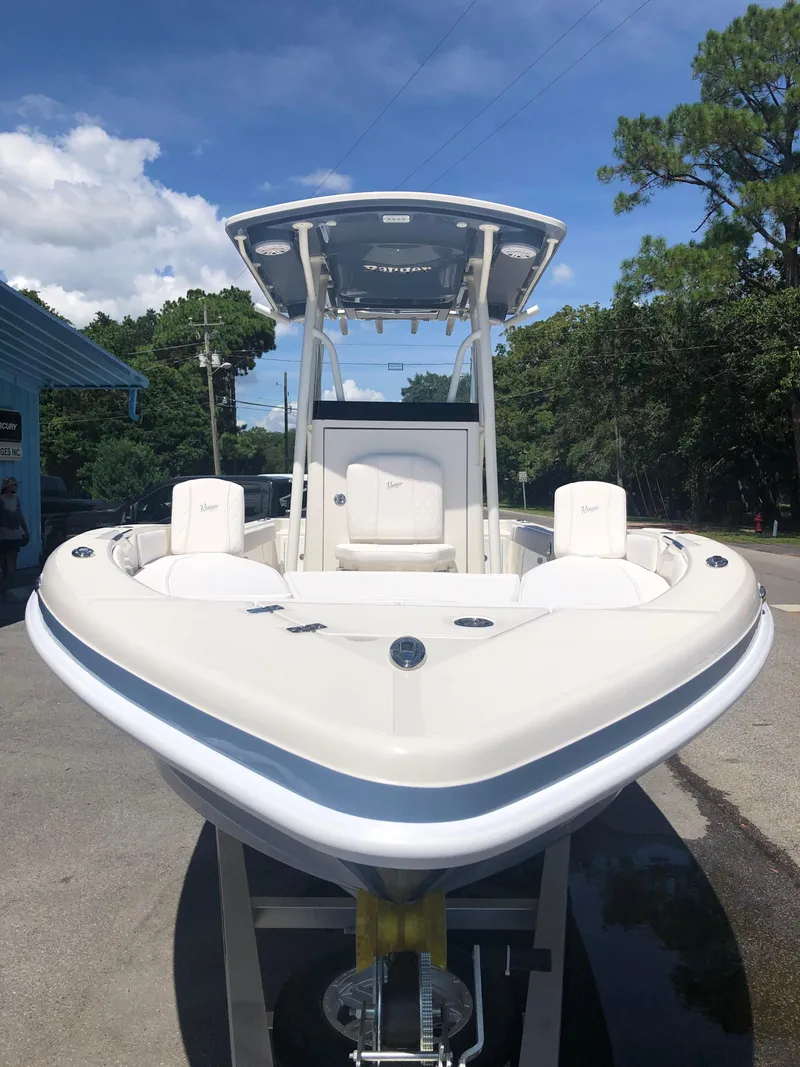 Slide: The Image of 2025 Ranger 2660 boat with sleek design, white exterior, and spacious seating. - 12