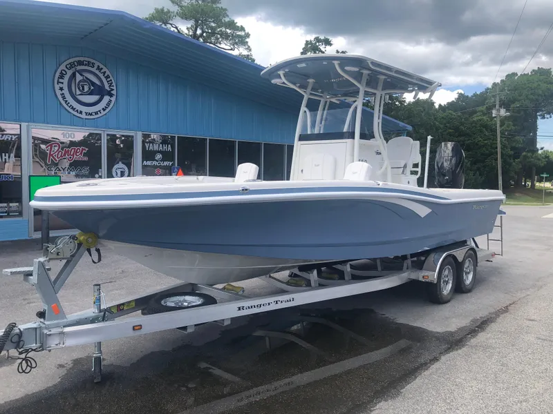 Slide: The Image of 2025 Ranger 2660 boat on trailer outside a marine dealership. - 2