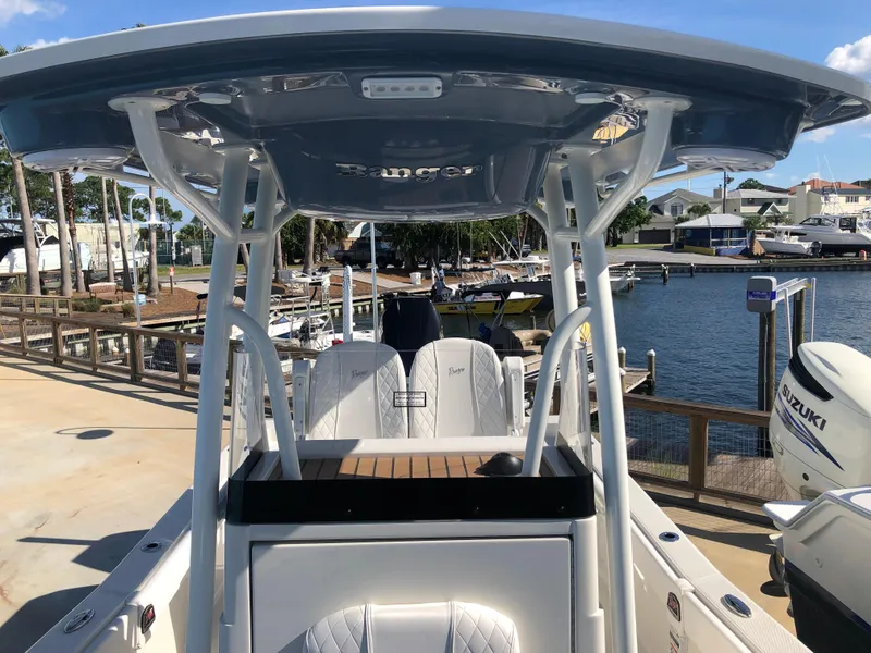 Slide: The Image of 2025 Ranger 2660 boat docked, featuring a sleek design and spacious seating area. - 34
