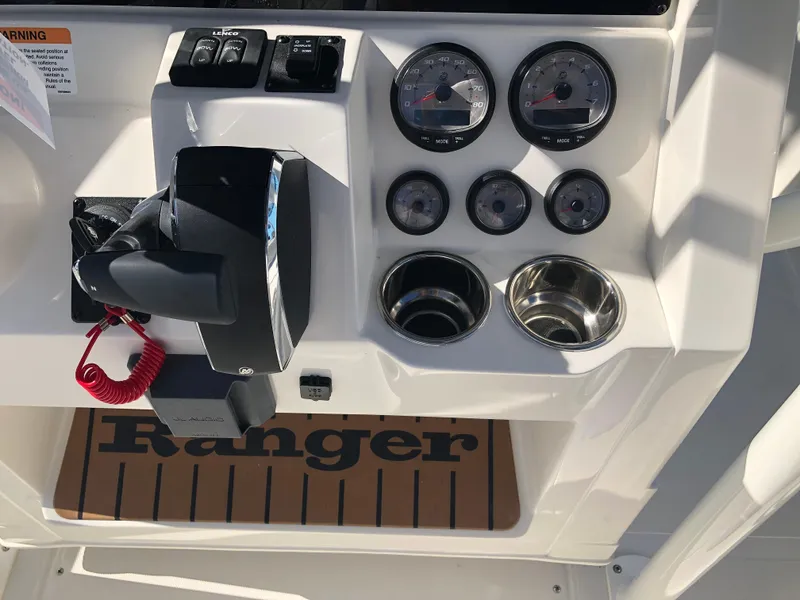 Slide: The Image of Control panel of 2025 Ranger 2660 boat with gauges and cup holders. - 39