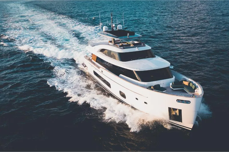 Slide: The Image of 2023 Azimut Magellano 25 Metri luxury yacht cruising on open water. - 2