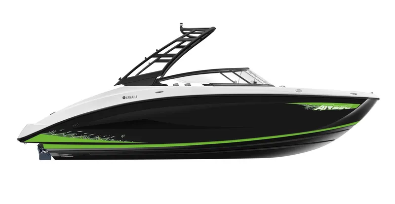 Slide: The Image of 2021 Yamaha Boats AR250, sleek black and green design, side view. - 9