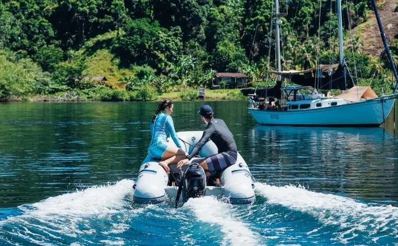 Slide: The Image of 2025 Highfield UltraLite 290 Hypalon inflatable boat, white with blue accents. - 2