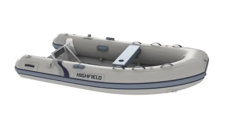 Slide: The Image of 2025 Highfield UltraLite 290 Hypalon inflatable boat, top view, gray with blue accents. - 3