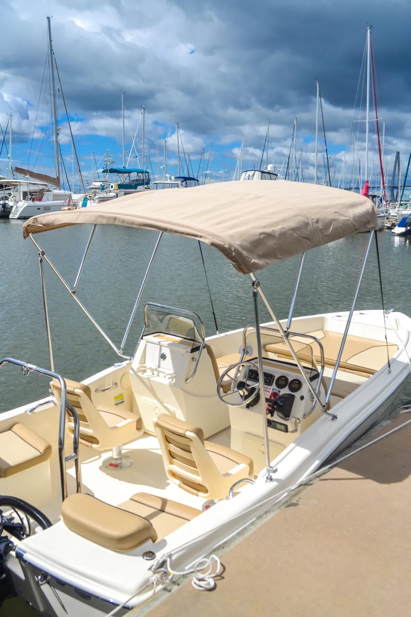 Slide: The Image of 2026 Scout 175 Sport Dorado docked under cloudy skies. - 6