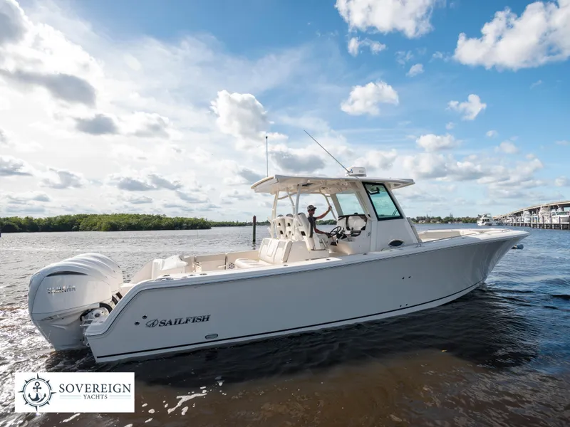 Slide: The Image of 2024 Sailfish 360 CC boat on water, Sovereign Yachts logo in corner. - 27