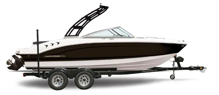 Slide: The Image of 2024 Chaparral 21 SSi boat on trailer, sleek design, black and white color scheme. - 8