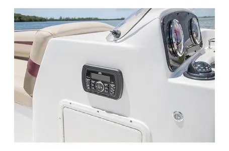 Slide: The Image of 2017 Hurricane SS 201 boat dashboard with stereo and gauges, featuring sleek design. - 16