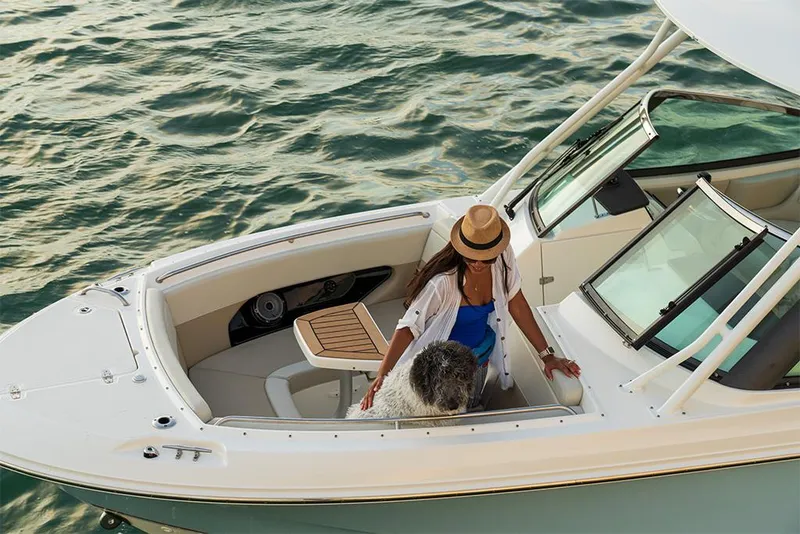 Slide: The Image of 2023 Boston Whaler 240 Vantage boat on water with a woman and dog. - 25