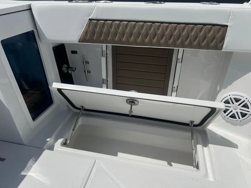 Slide: The Image of 2024 Blackfin 272DC boat storage compartment and cabin door. - 10